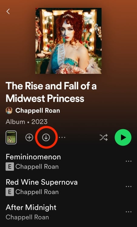Screenshot of an album page on Spotify with the "download" button circled in red.