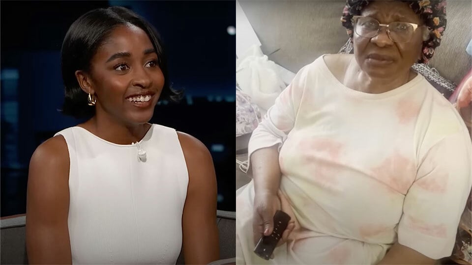 Two side-by-side images: A woman on the left sits on a talk show chair, while on the right an older woman sits on a sofa holding a TV remote.