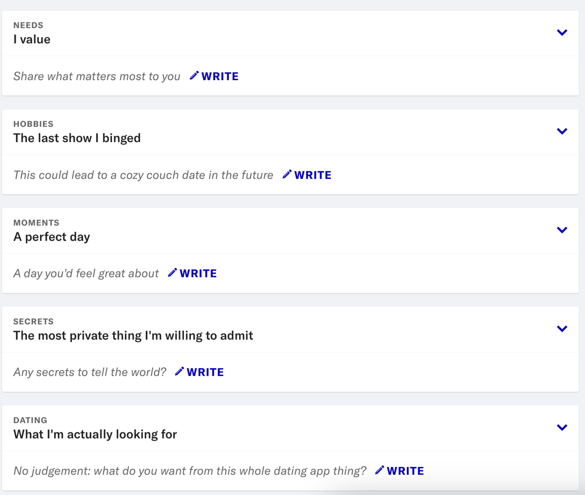 OkCupid profile questionaire