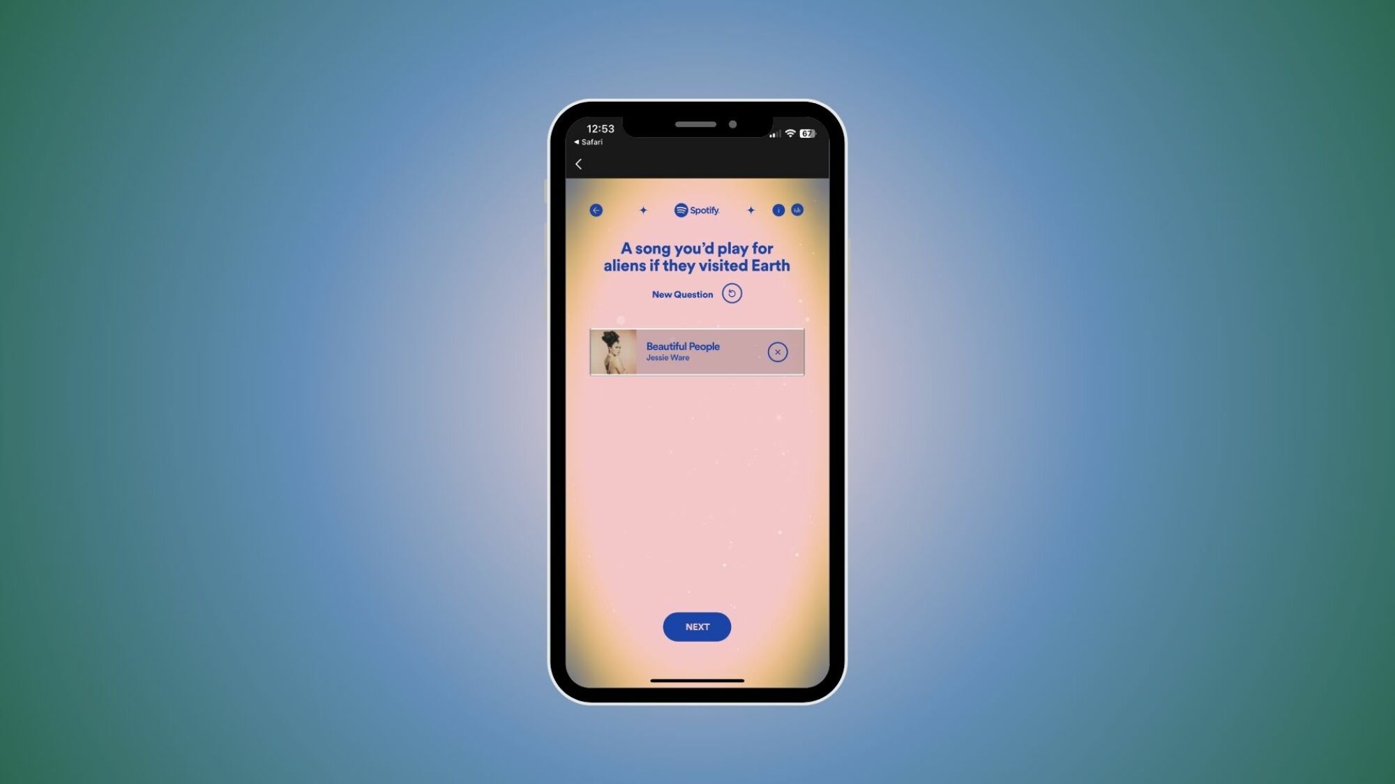 A phone showing Spotify's question "a song you'd play for aliens if they visited Earth"