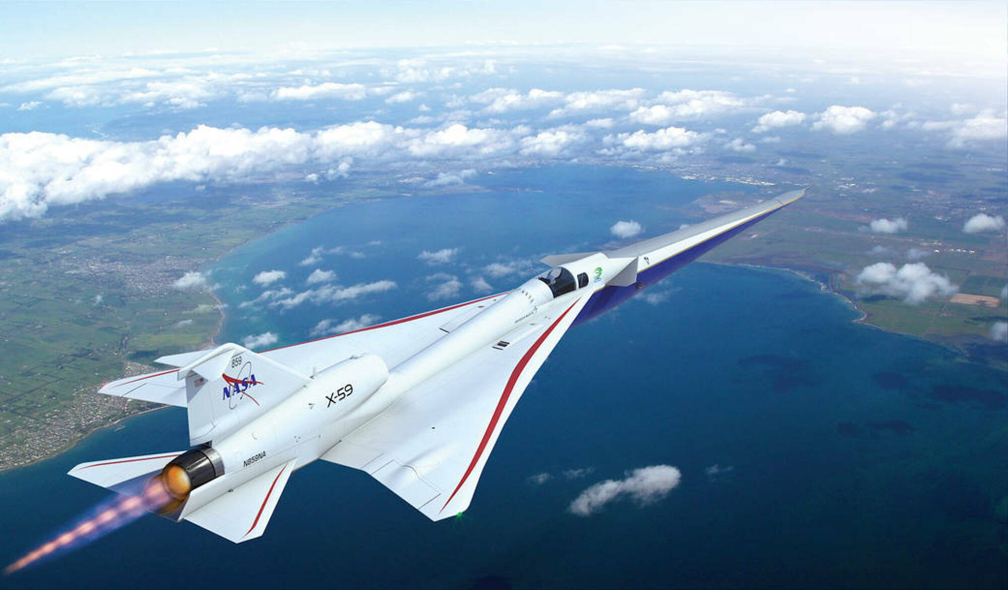 An artist's conception of the X-59 plane on a test flight over land in the U.S.