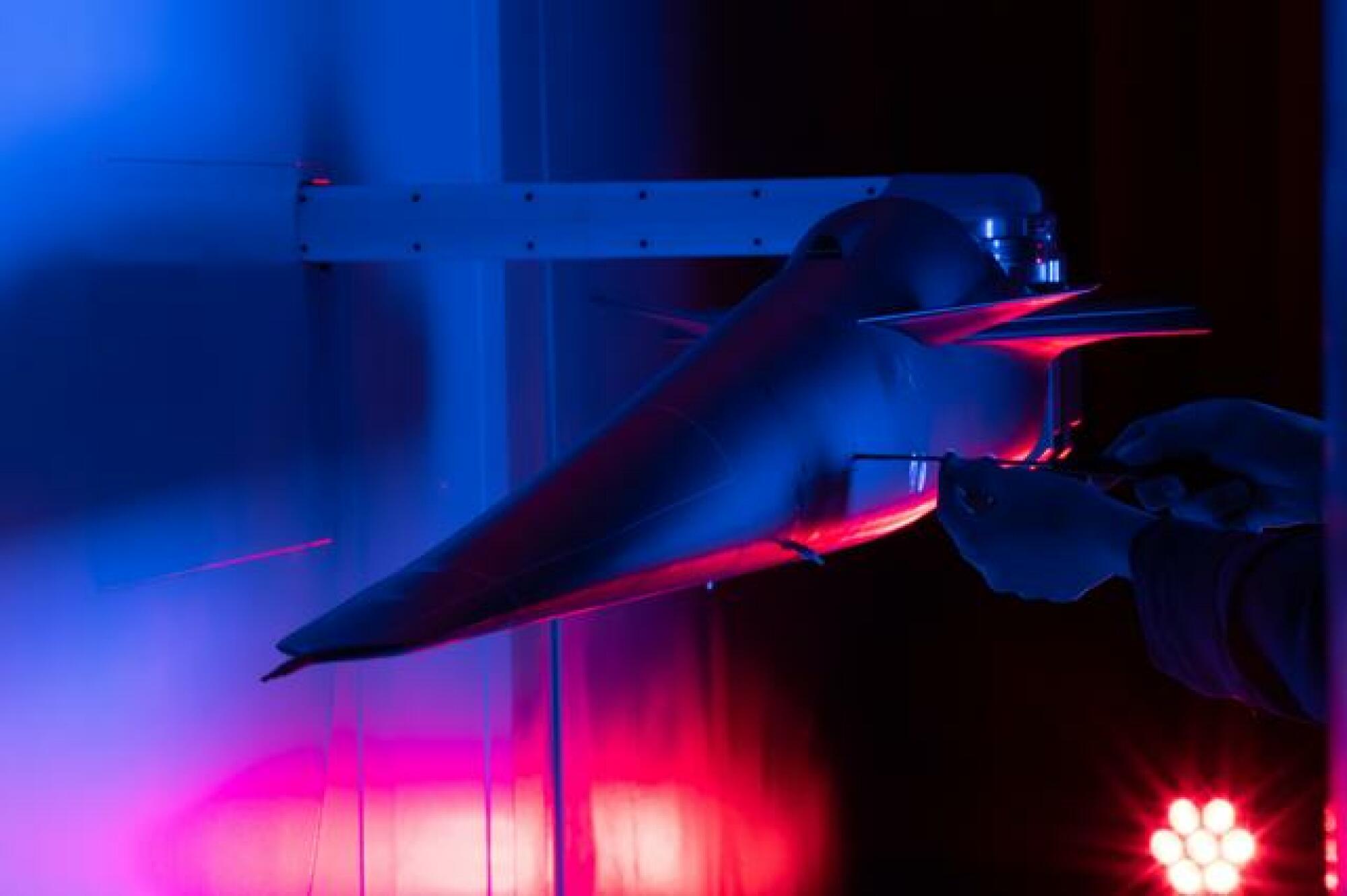 The nose of an X-59 model in a wind tunnel during testing at Lockheed Martin Skunk Works in Palmdale, California.
