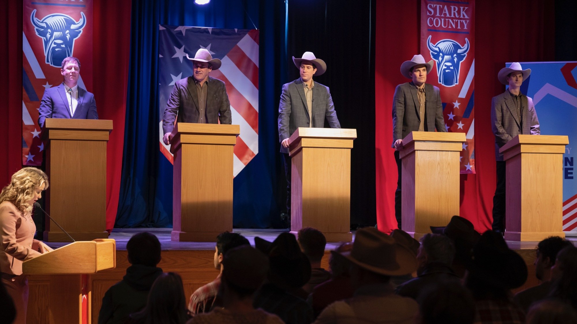 Jon Hamm on a debate stage in "Fargo."