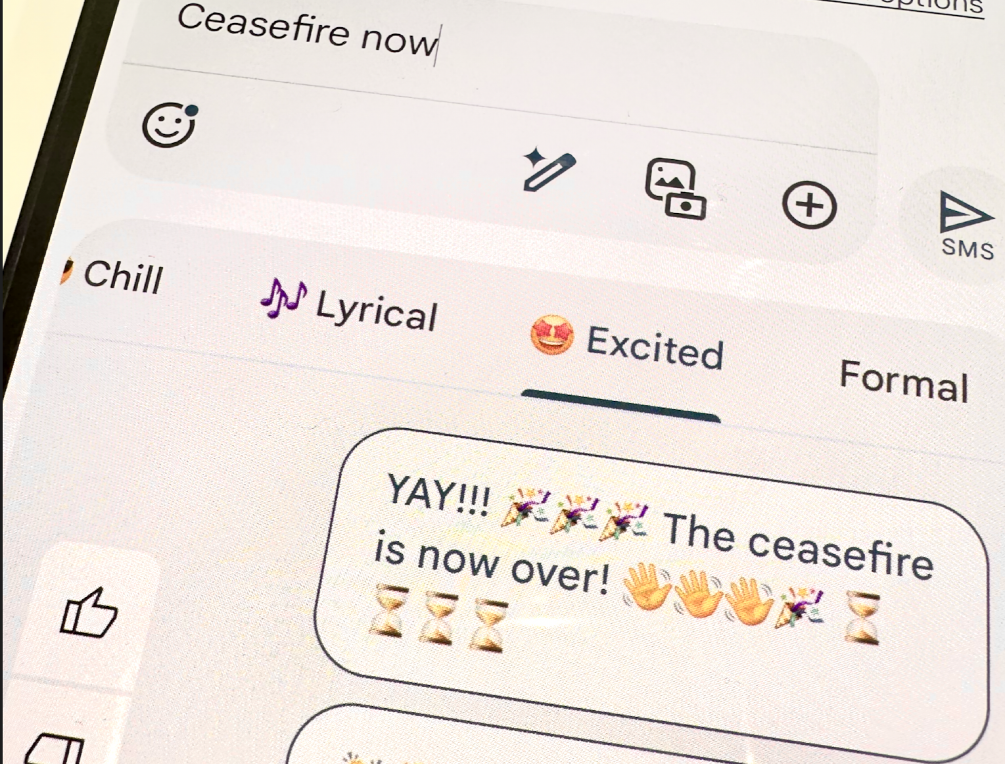 A text box offering an alternative to "ceasefire now" that reverses its meaning.