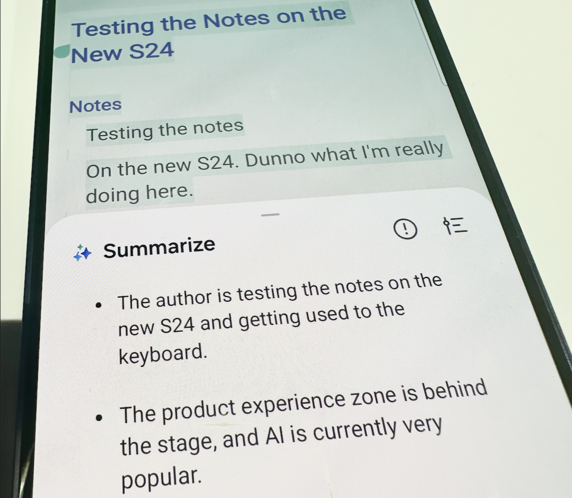 A phone displaying a fair summary of some quickly-typed notes.