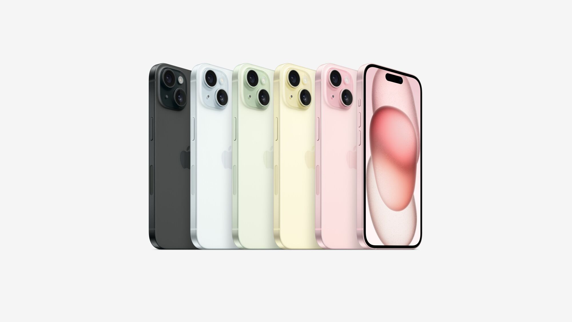 row of iphone 15 smartphones in various colors