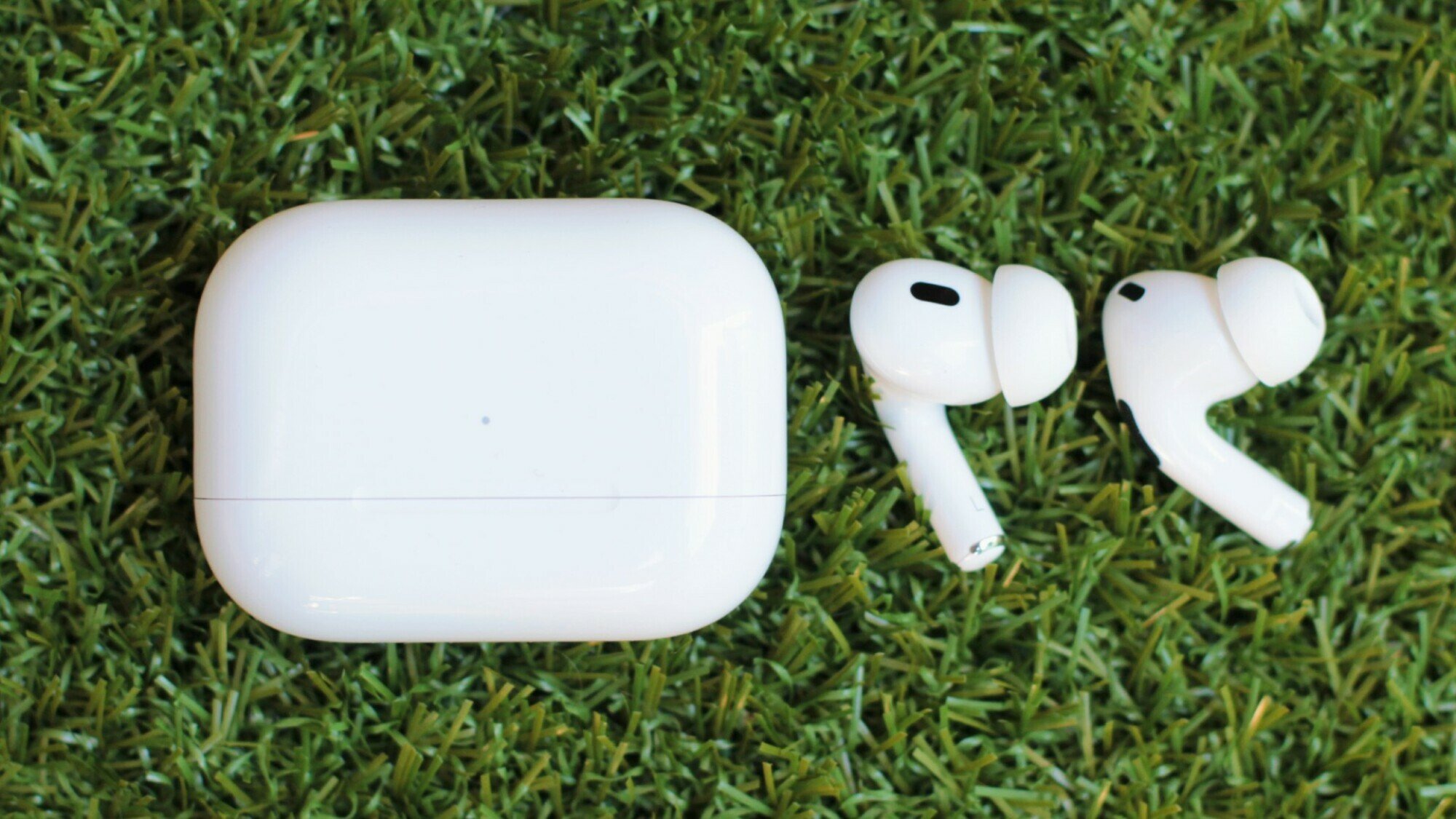 airpods with case on grass