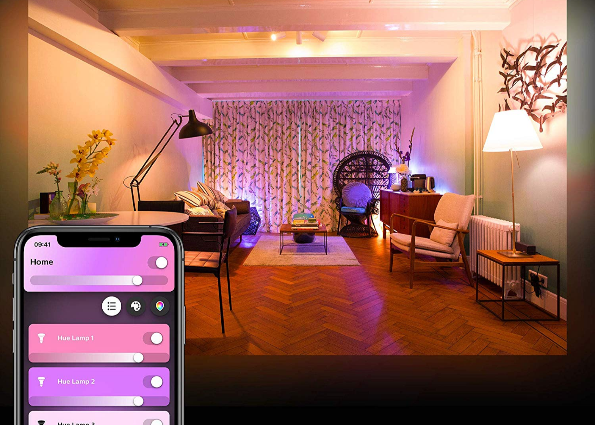 living room with purple light bulbs