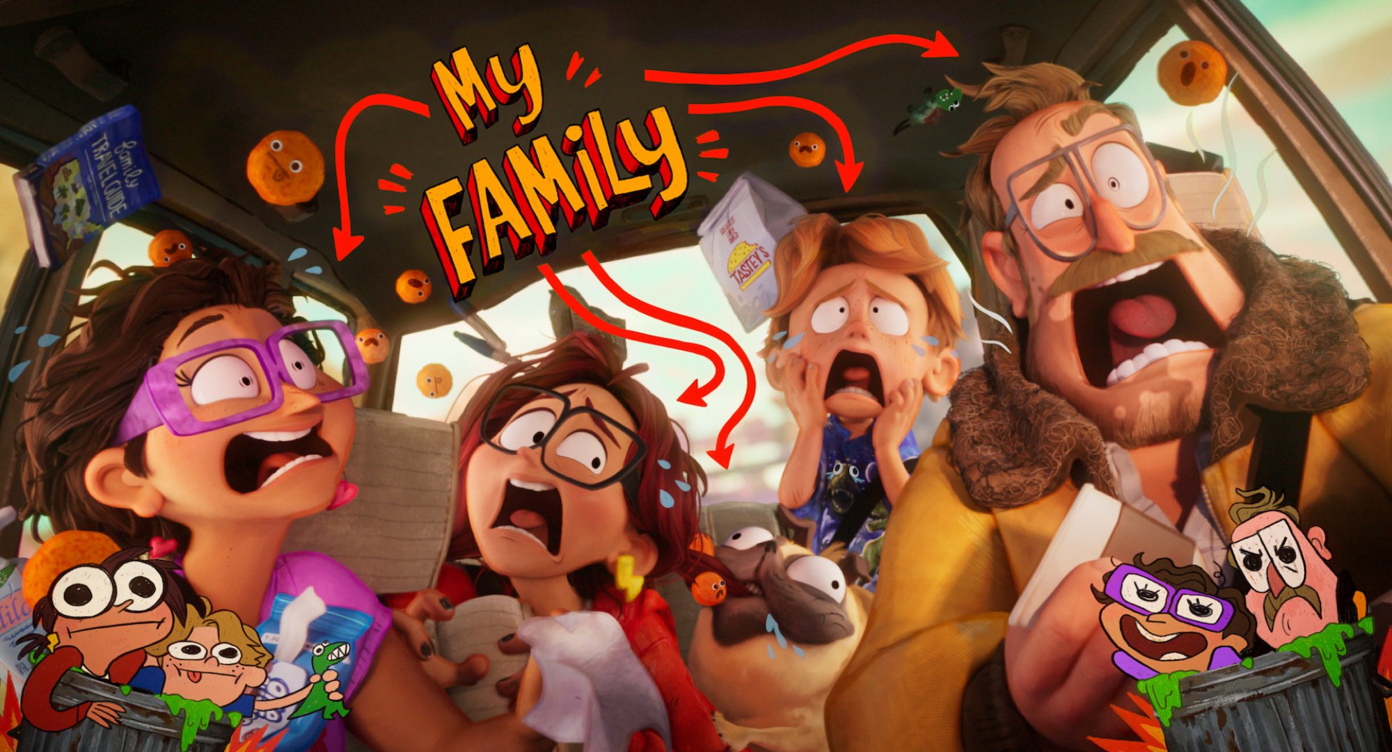 A family freaks out in their car.