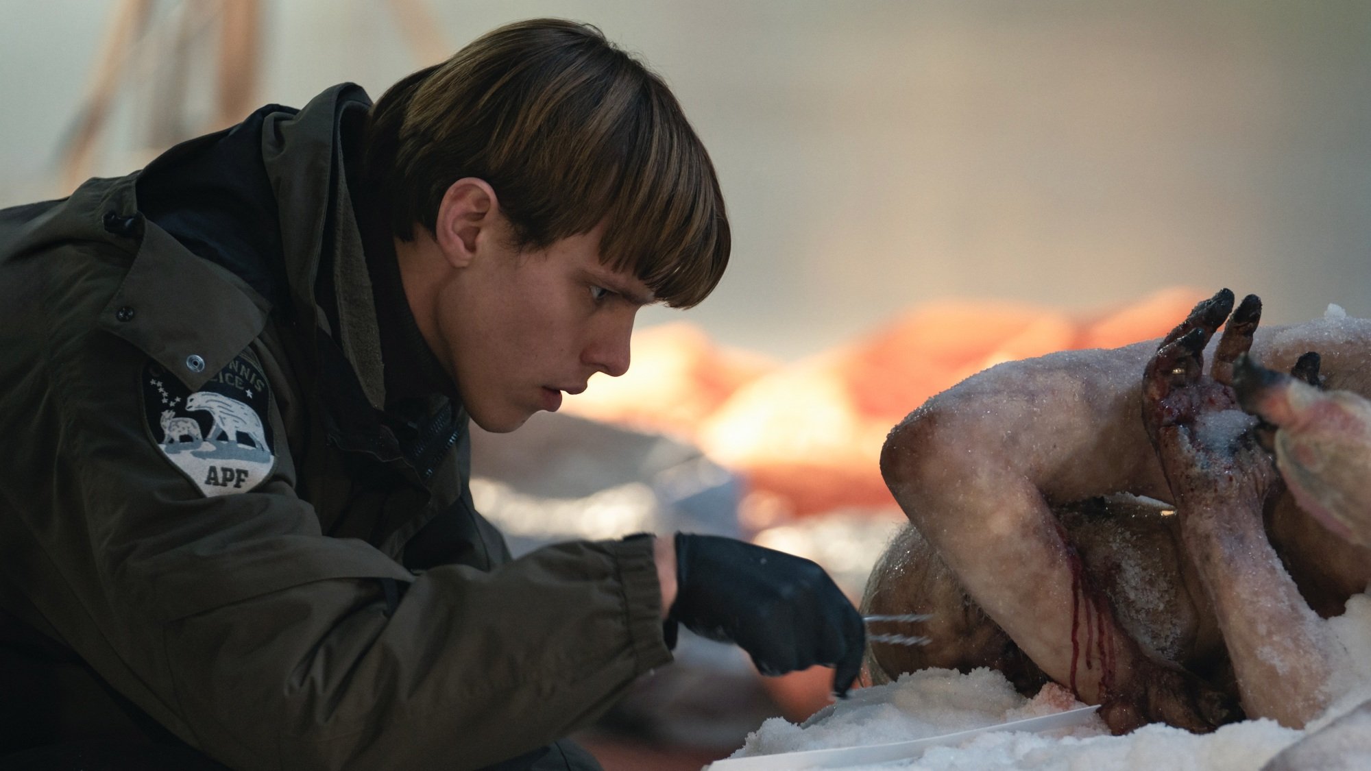 A man in a police uniform examines a tangle of corpses frozen together.