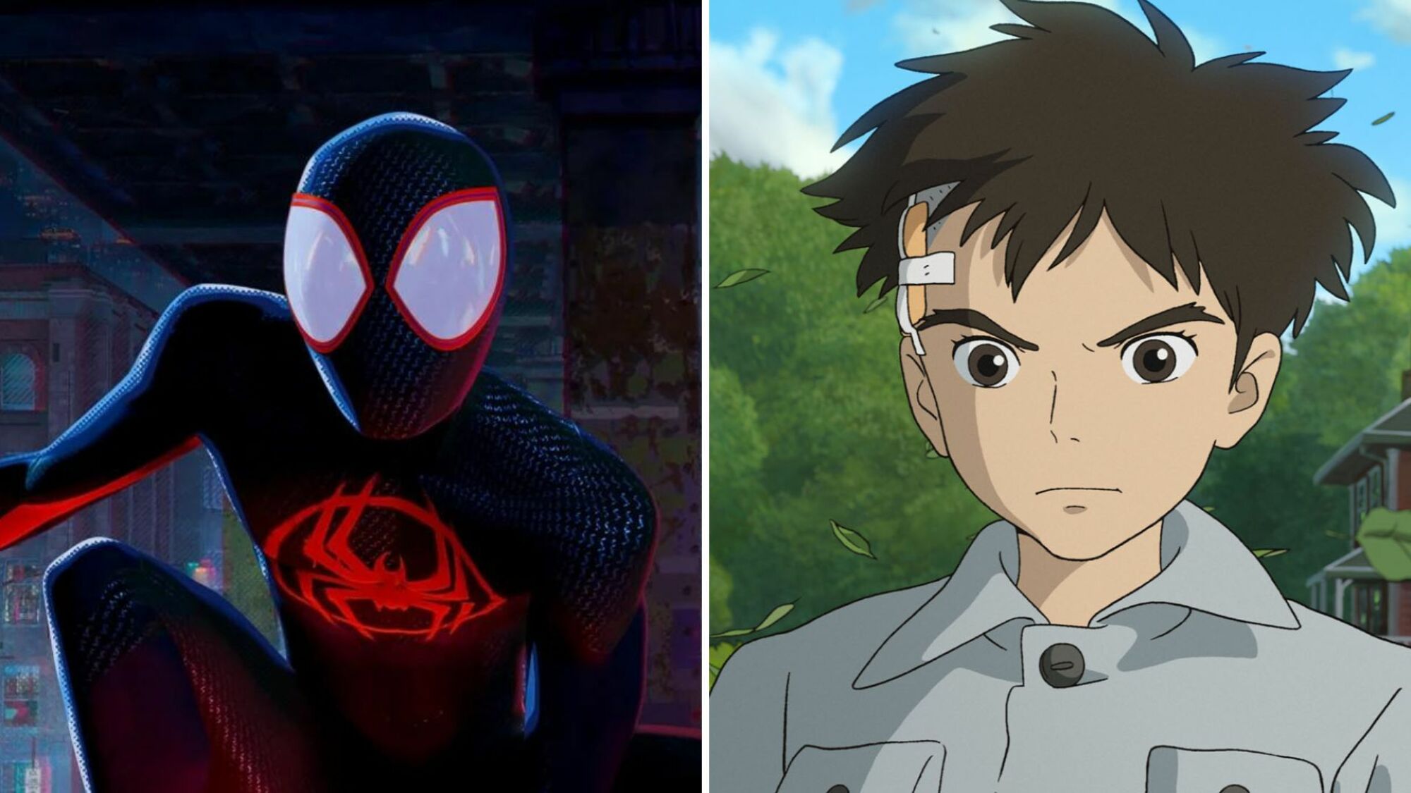 Two images: Spider-Man in a black and red suit, and a young boy in a grey shirt with a bandage on his head.