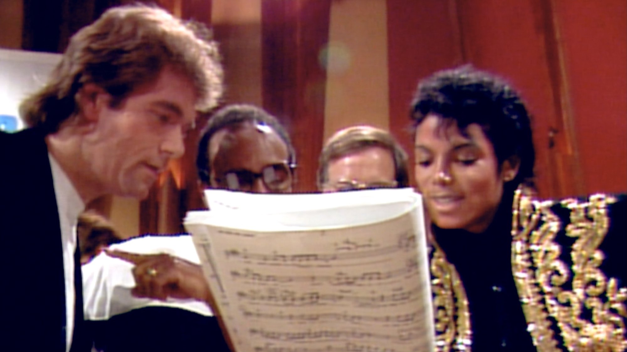 Huey Lewis, Quincy Jones, and Michael Jackson in "The Greatest Night in Pop."