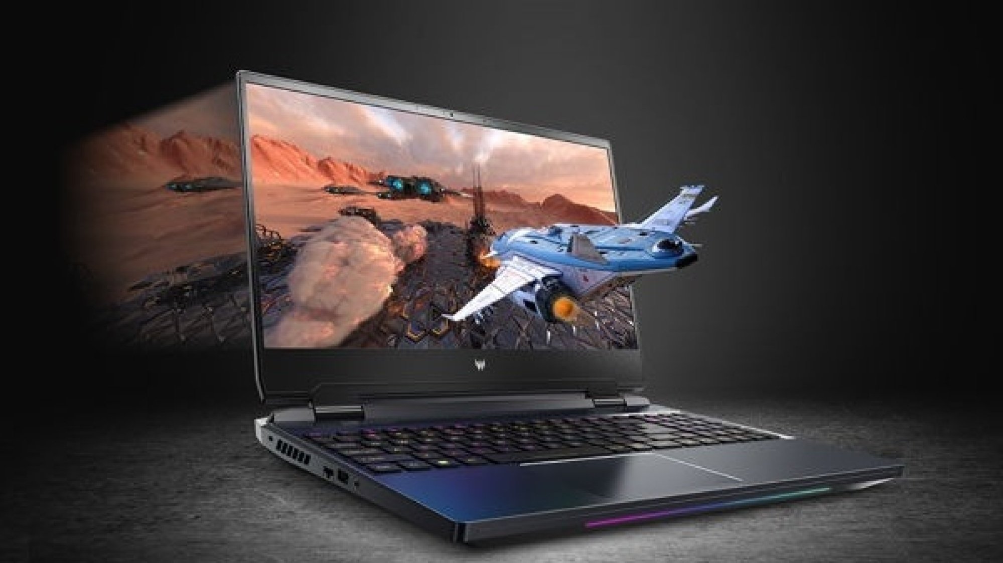 An aircraft appearing to fly out of a laptop screen
