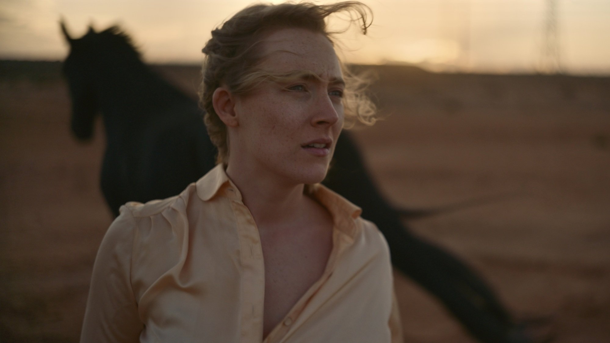 A woman stands in a desert while a horse runs behind her.