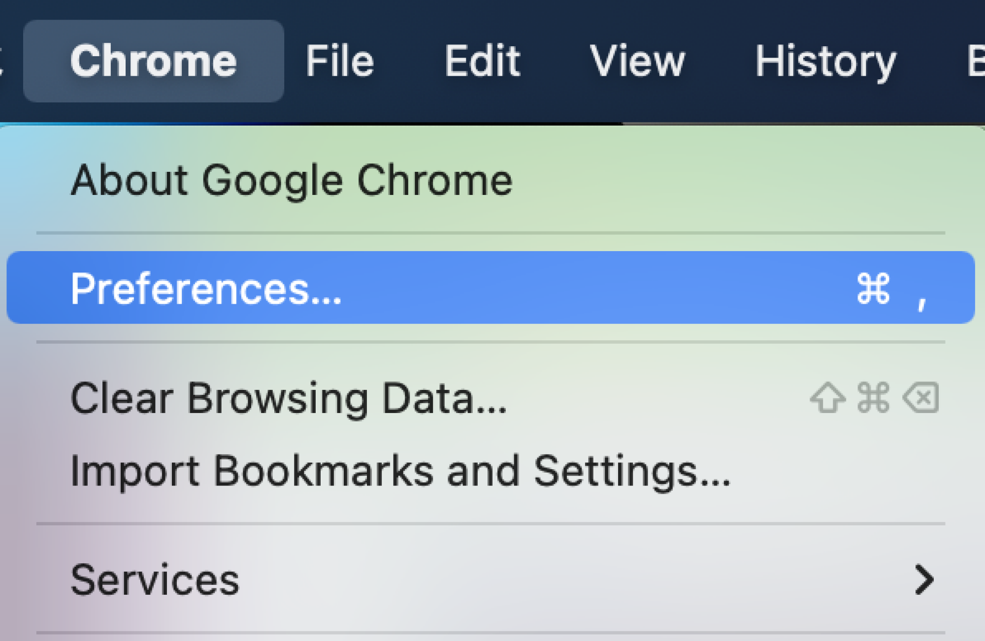 clicking 'Preferences' in the top-left corner of the Chrome window