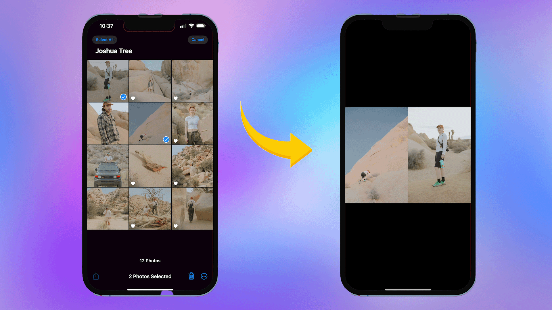 side by side iphone screens showing before and after photos being merged
