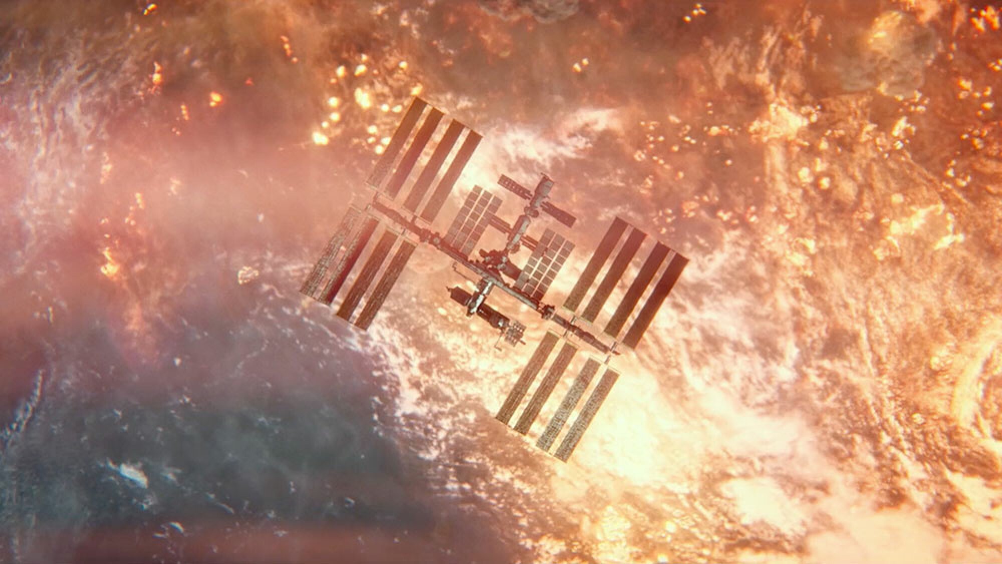 A space station is visible from above with Earth below it, covered in what looks like fire.