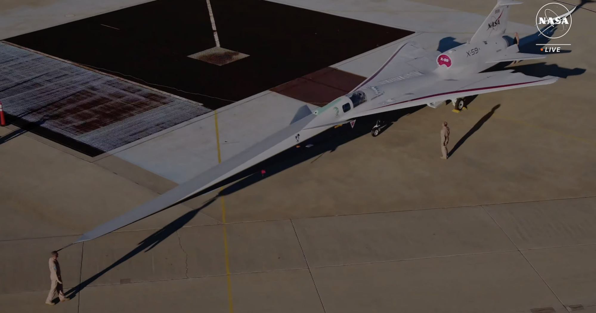 An aerial view of NASA's X-59 plane.