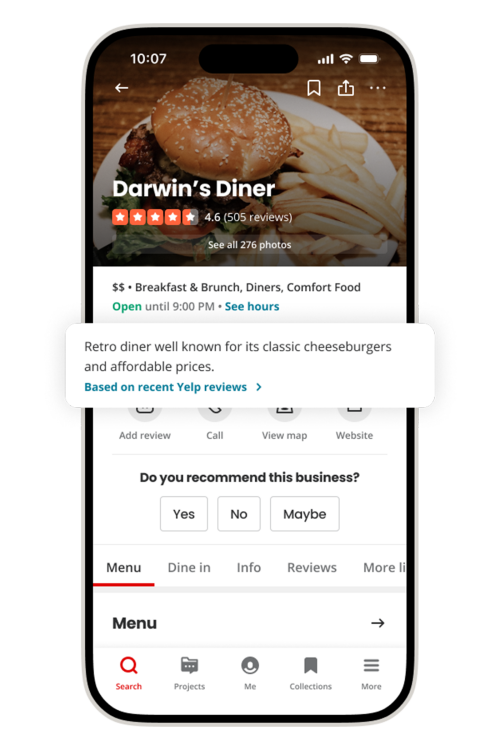 Yelp AI-powered business summary on a smartphone screen