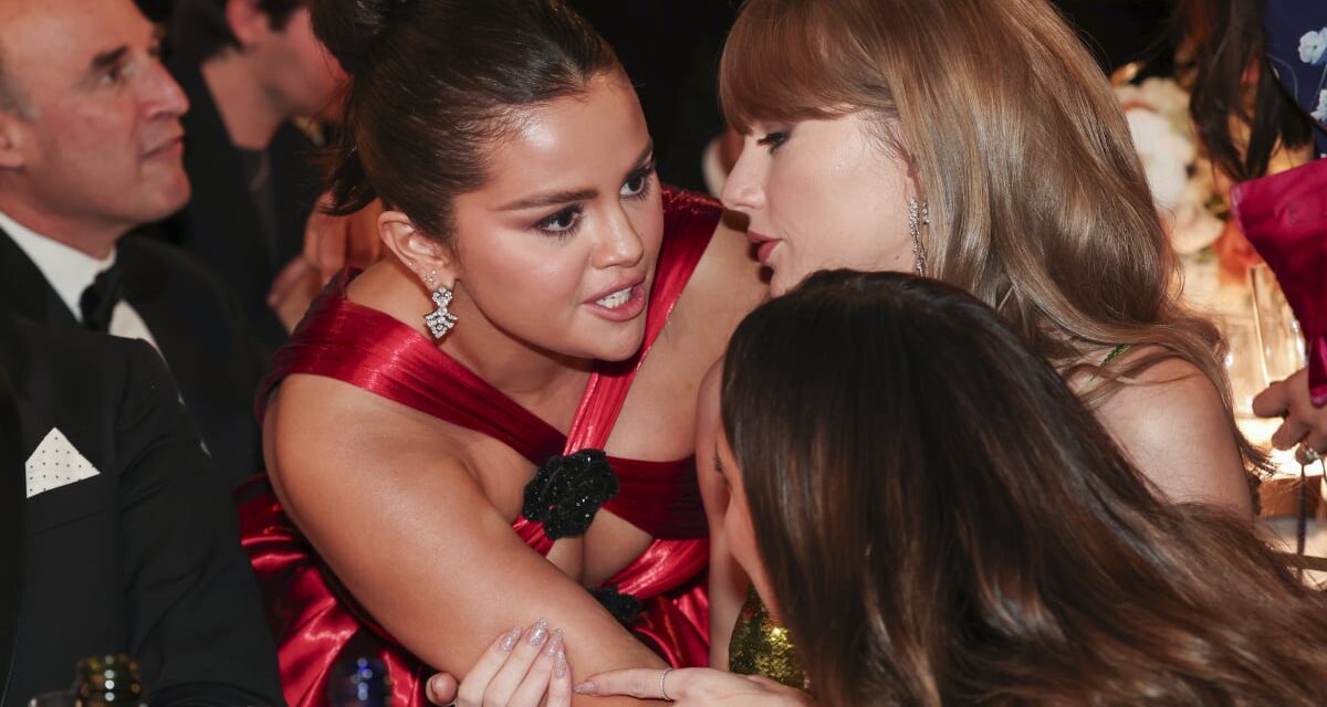 What were Taylor Swift and Selena Gomez gossiping about at the Golden Globes?