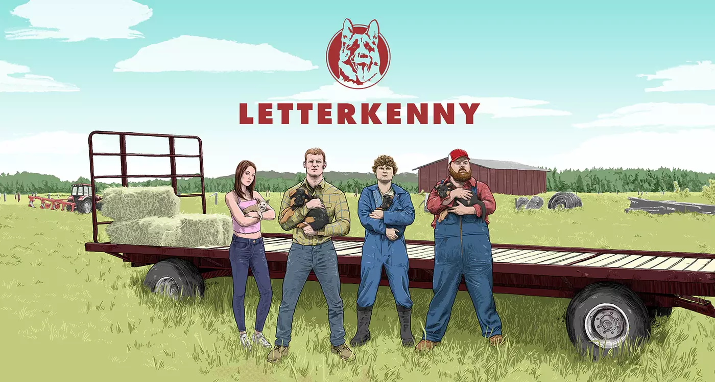 An illustration poster shows some of the letterkenny cast standing in front of a trunk in the couuntryside.