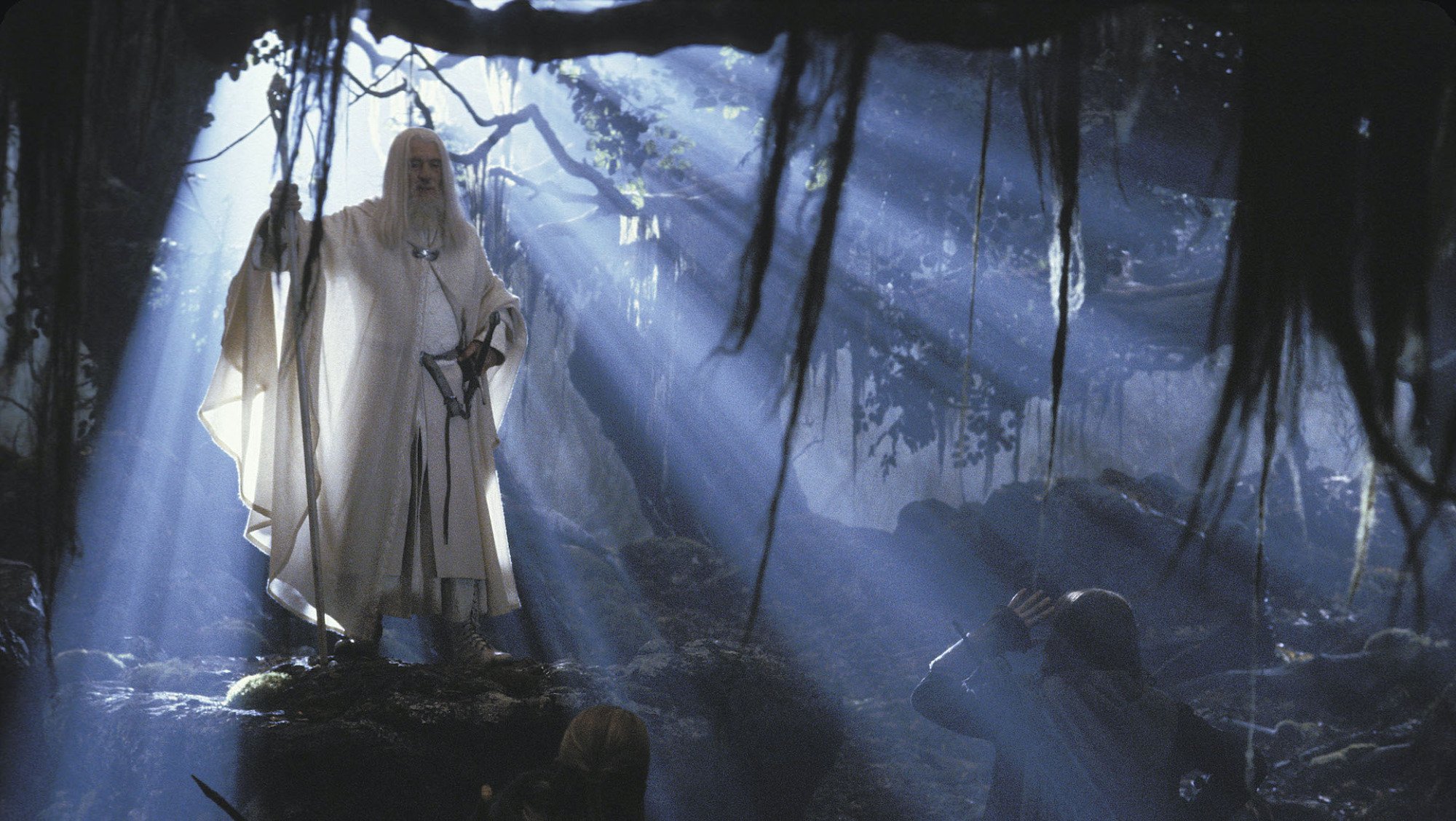 An older man draped in white robes and carrying a wizard's staff stands backlit in a forest.