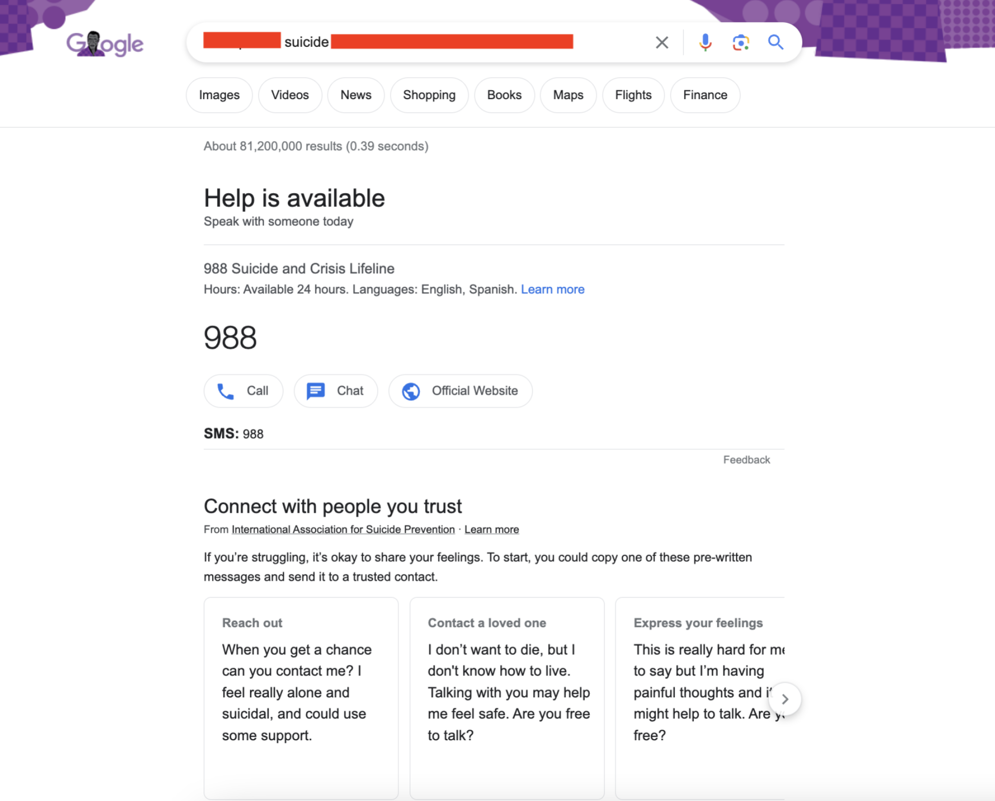 a Google results page showing a suicide hotline number and a place to get help online