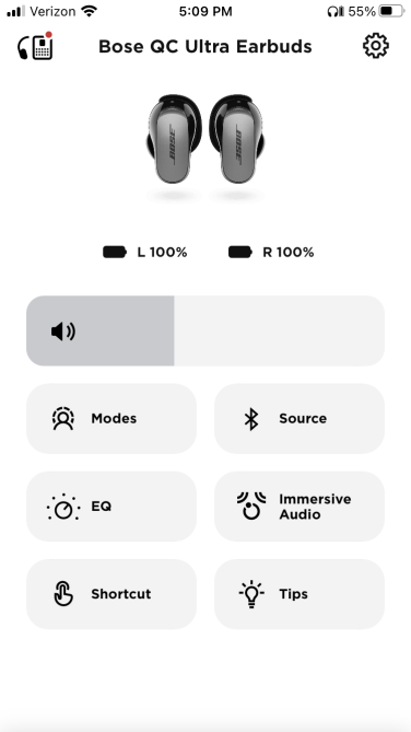 The settings available in the Bose app.