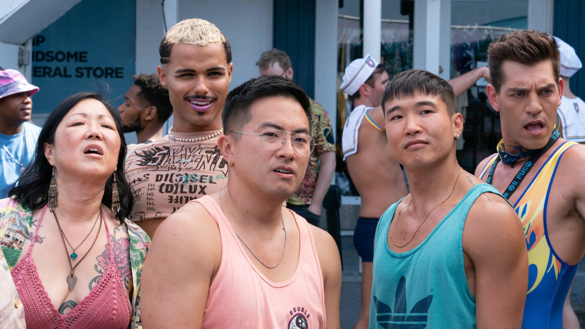 A group of friends hang out in the sun on "Fire Island."