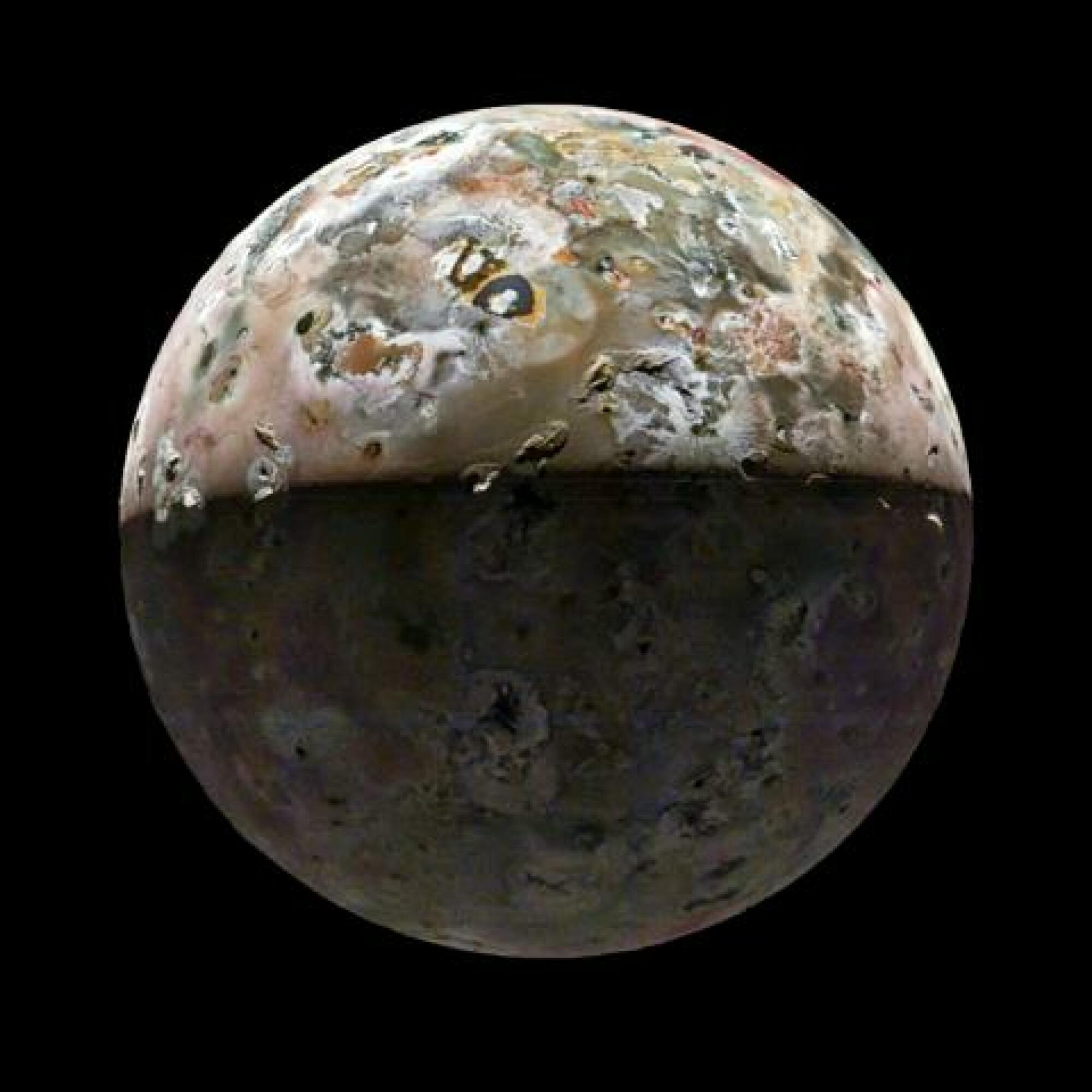 At the upper-center on Io is a view of Loki Patera.