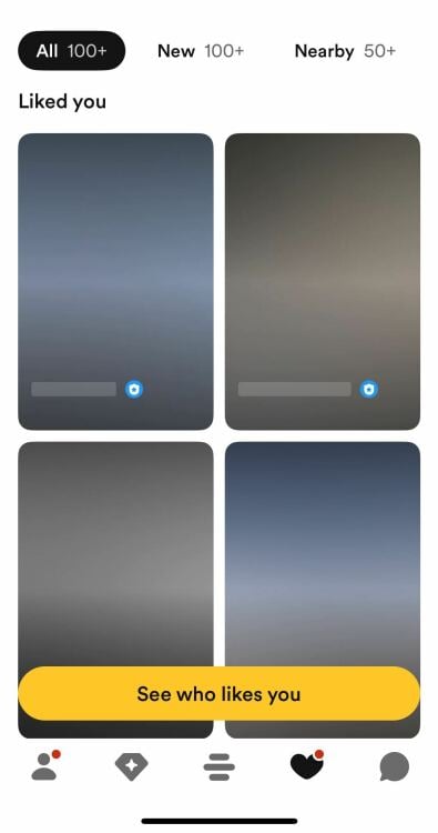 The image shows a section of a dating app interface indicating that the user has likes from other profiles. At the top, there are tabs stating "All 100+", "New 100+", and "Nearby 50+". Below this, there are blurred images representing profiles that have liked the user, suggesting that the user needs to pay or perform an action to view these profiles. A prominent yellow button at the bottom says "See who likes you". The bottom navigation bar includes icons for browsing profiles, super likes, likes, and messages.