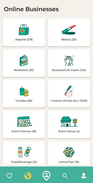 A screenshot of the online businesses tab showing ten of the 26 categories. 