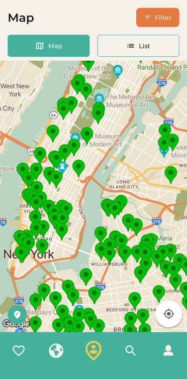 A screenshot of the Everywhere is Queer map centered on New York City. Dozens of green markers litter the map.