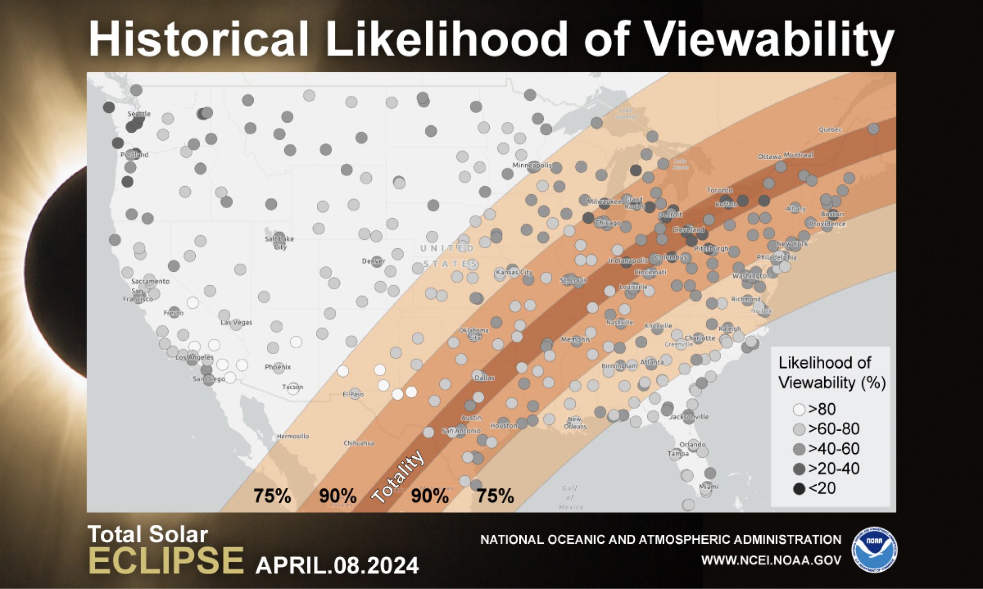 A zoomed-out view of NOAA's 2024 total solar eclipse viewability map.