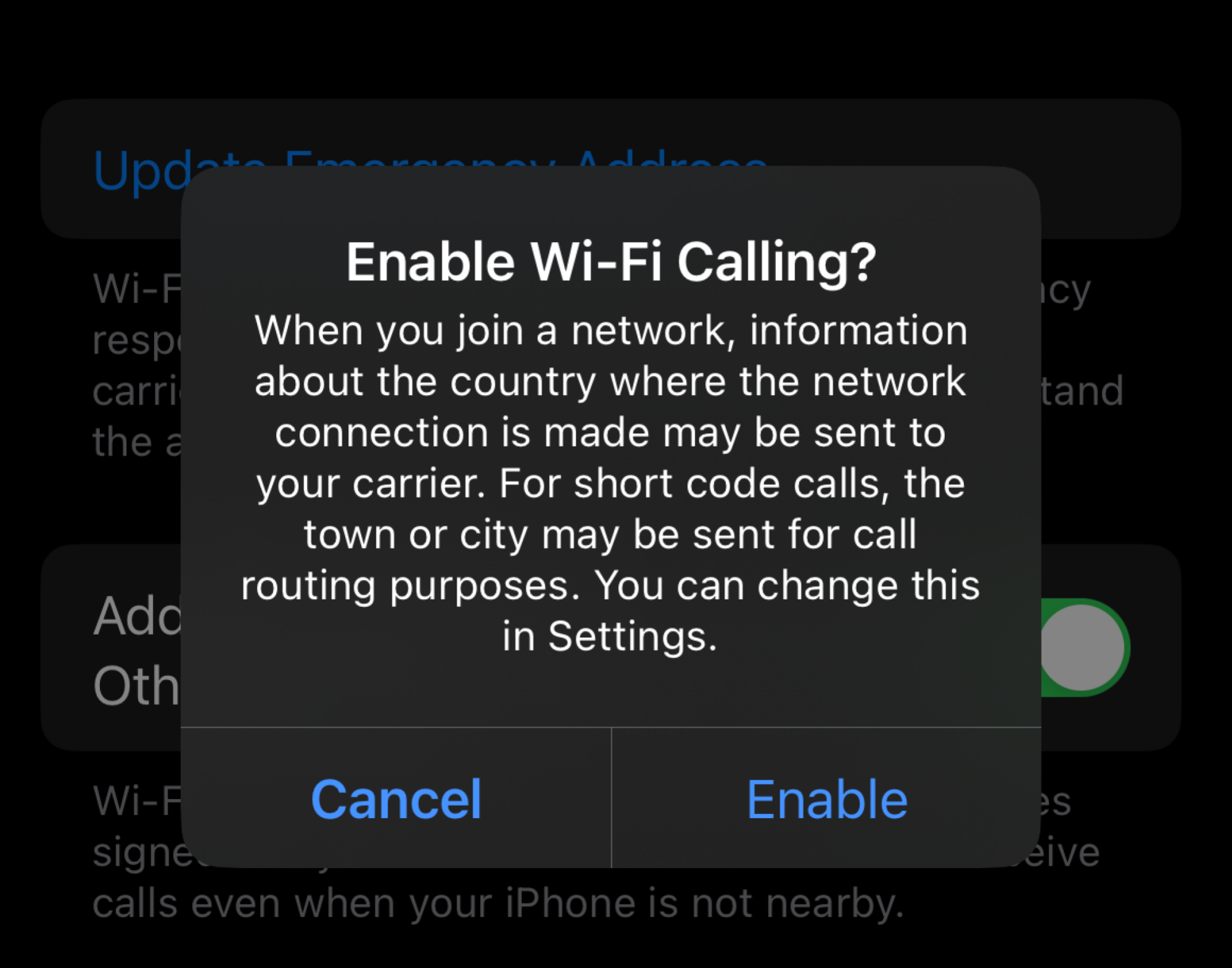 an iPhone pop-up asking 'Enable Wi-Fi Calling?'