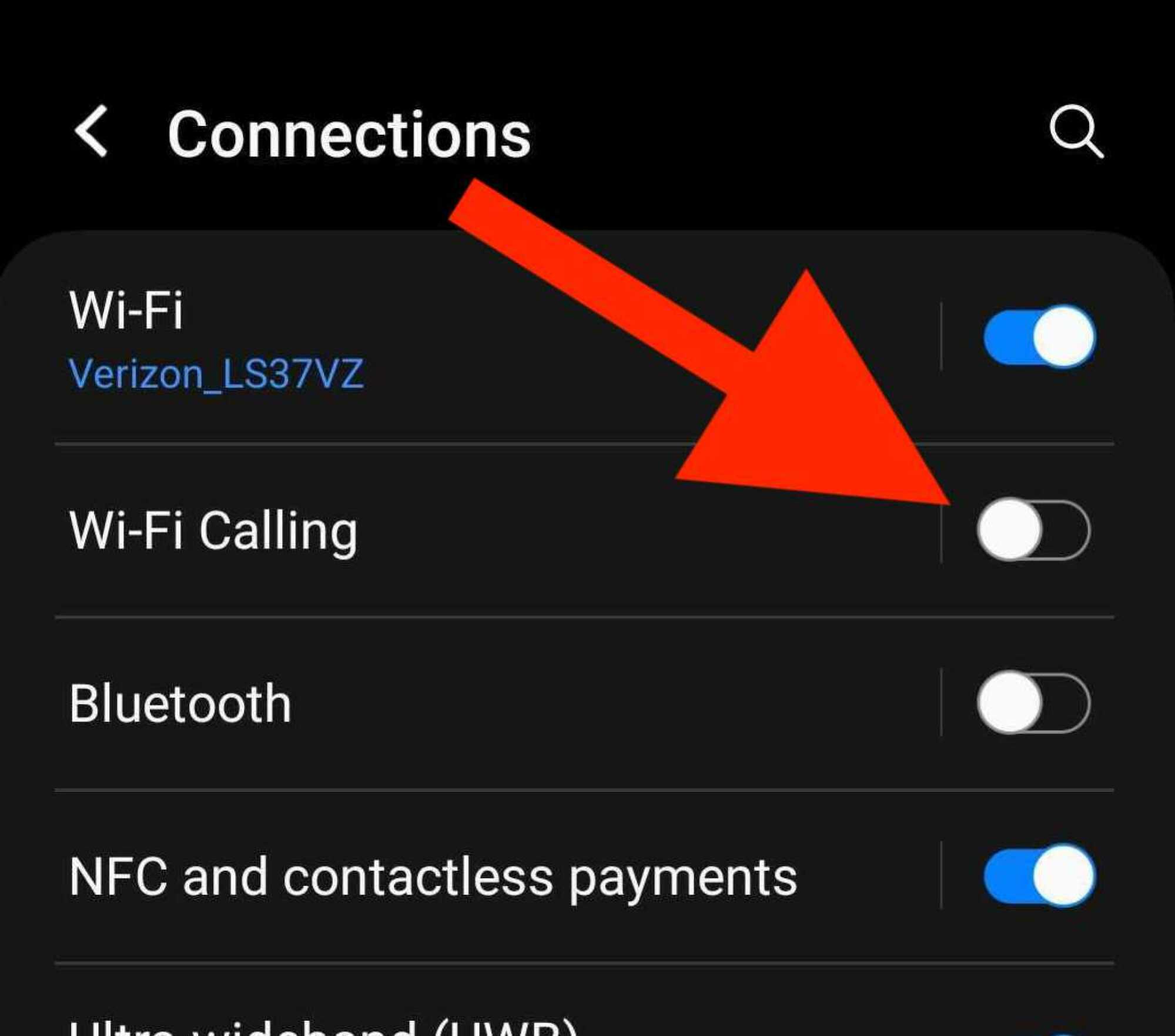 a Samsung mobile phone 'Connections' tab with an arrow pointing to the 'Wi-Fi Calling' on-off toggle