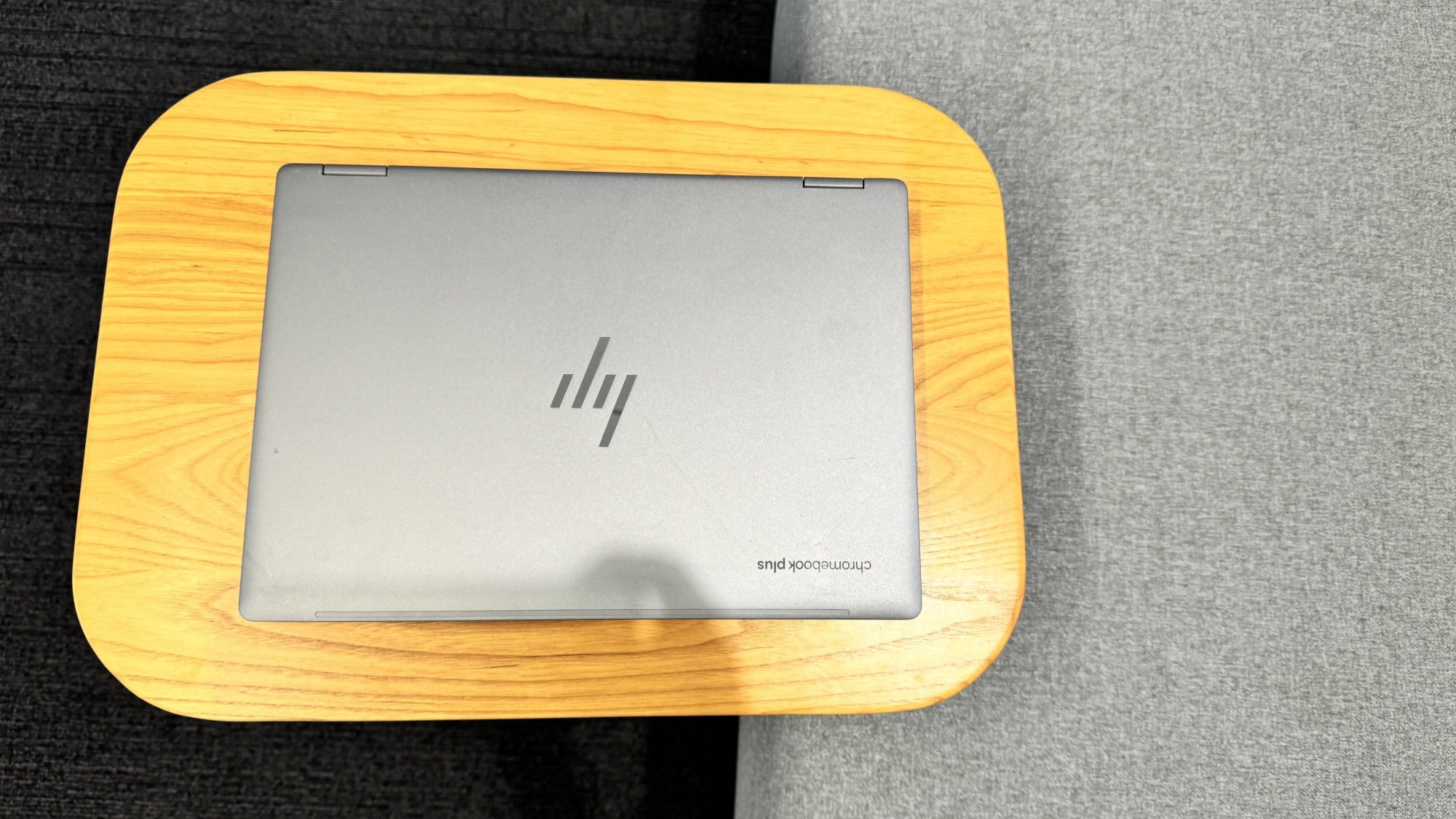 A closed HP Chromebook Plus x360 14c on a desk