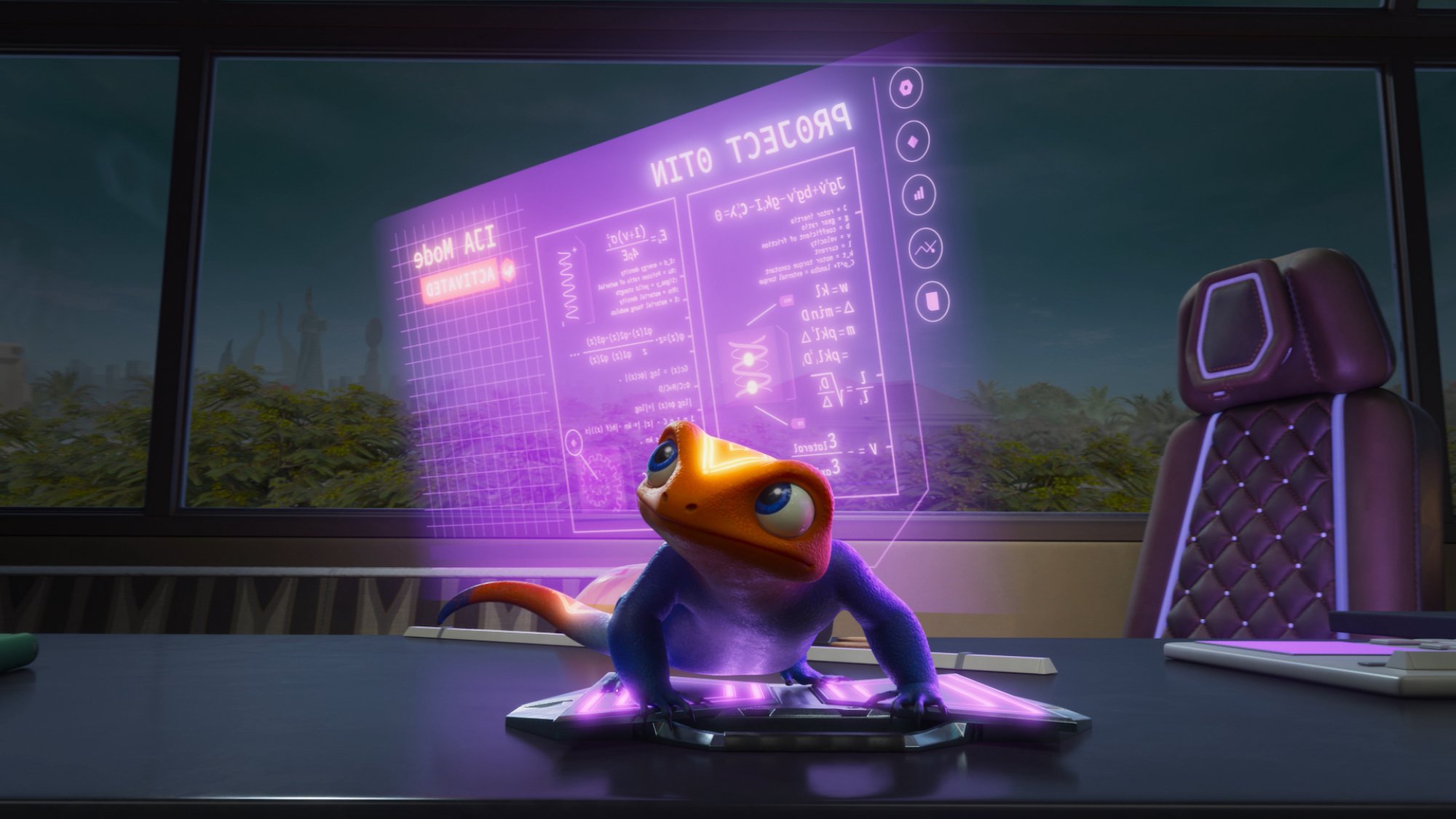 A robot lizard stands in a dark room in front of a screenless computer in the Disney animated series "Iwájú".