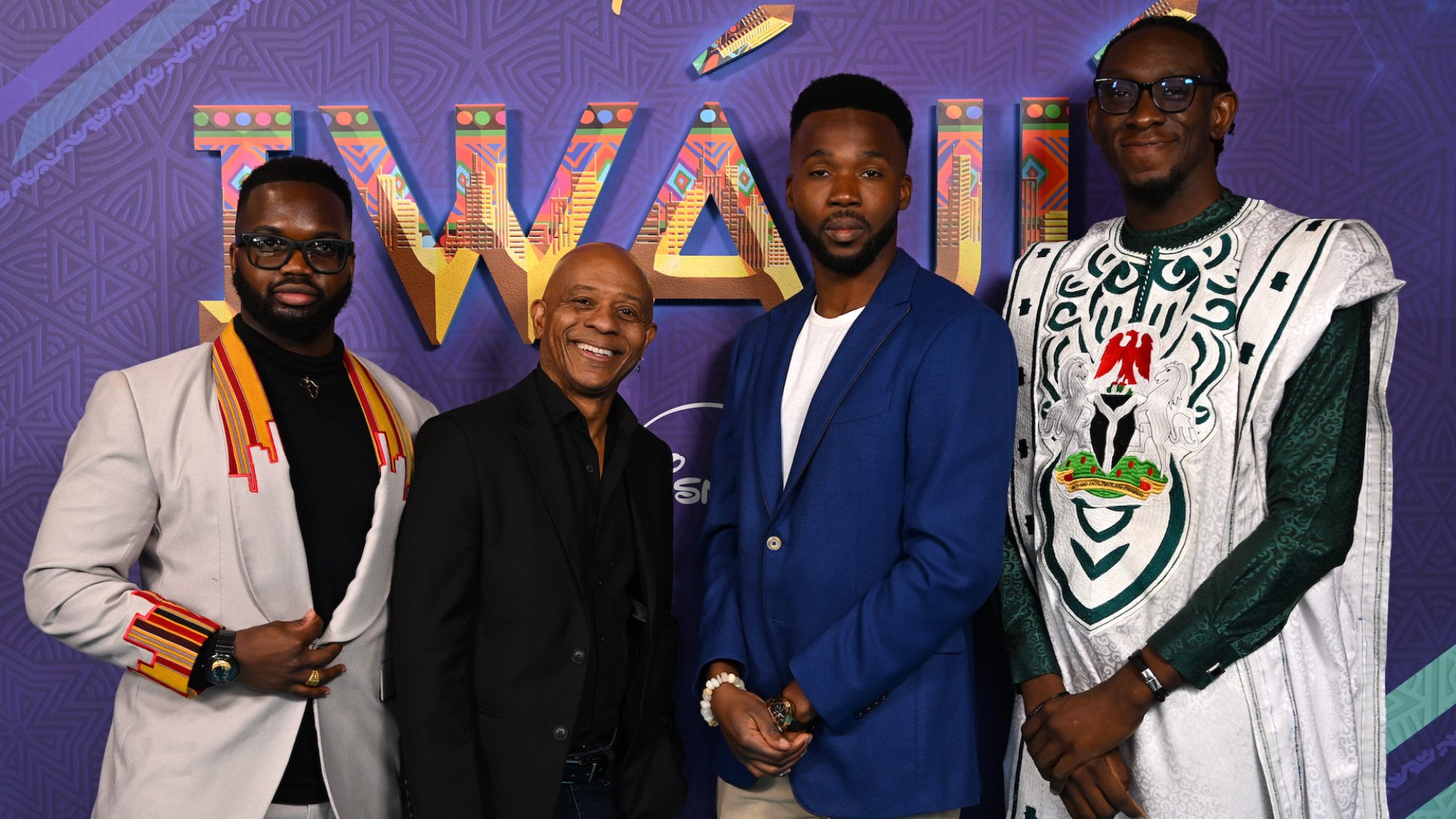 Hamid Ibrahim, Marlon West, Olufikayo Ziki Adeola, and Tolu Olowofoyekul attend the Gala screening of 'Iwájú' at Rich Mix Cinema on Feb. 24 in London.