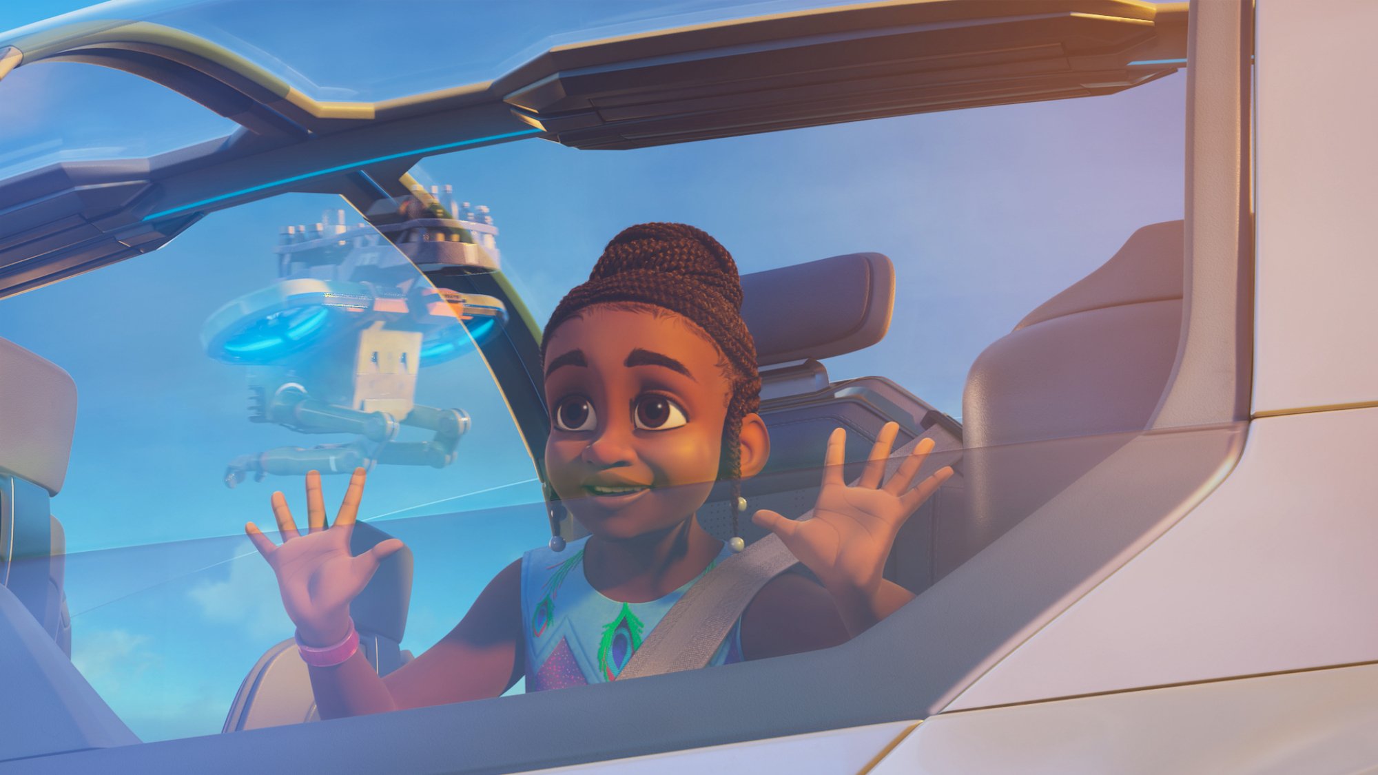 A girl looks out the window of a flying car in the animated film "Iwájú".