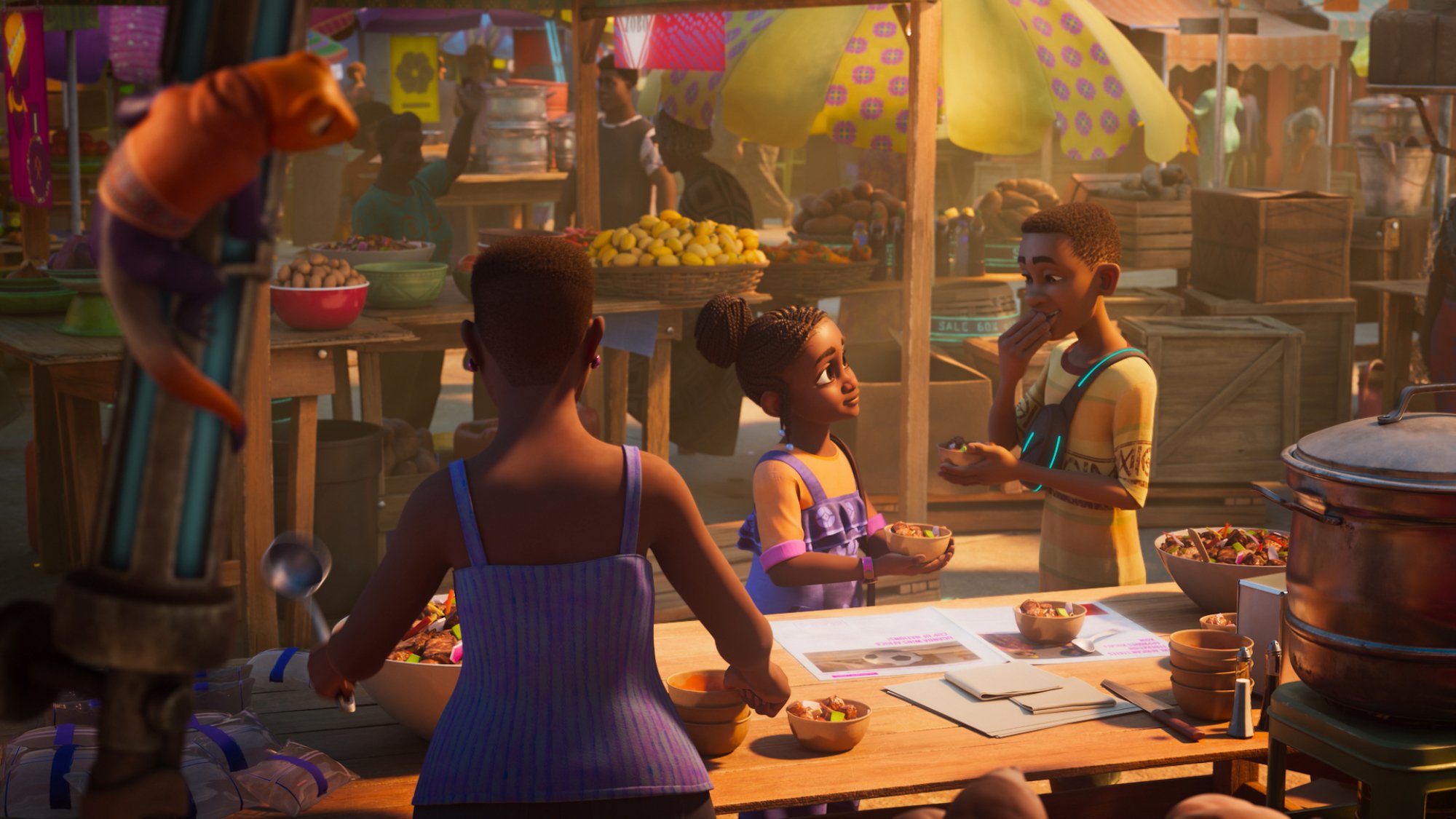 Tola and Kole stand in a marketplace in the Disney animated series "Iwájú".