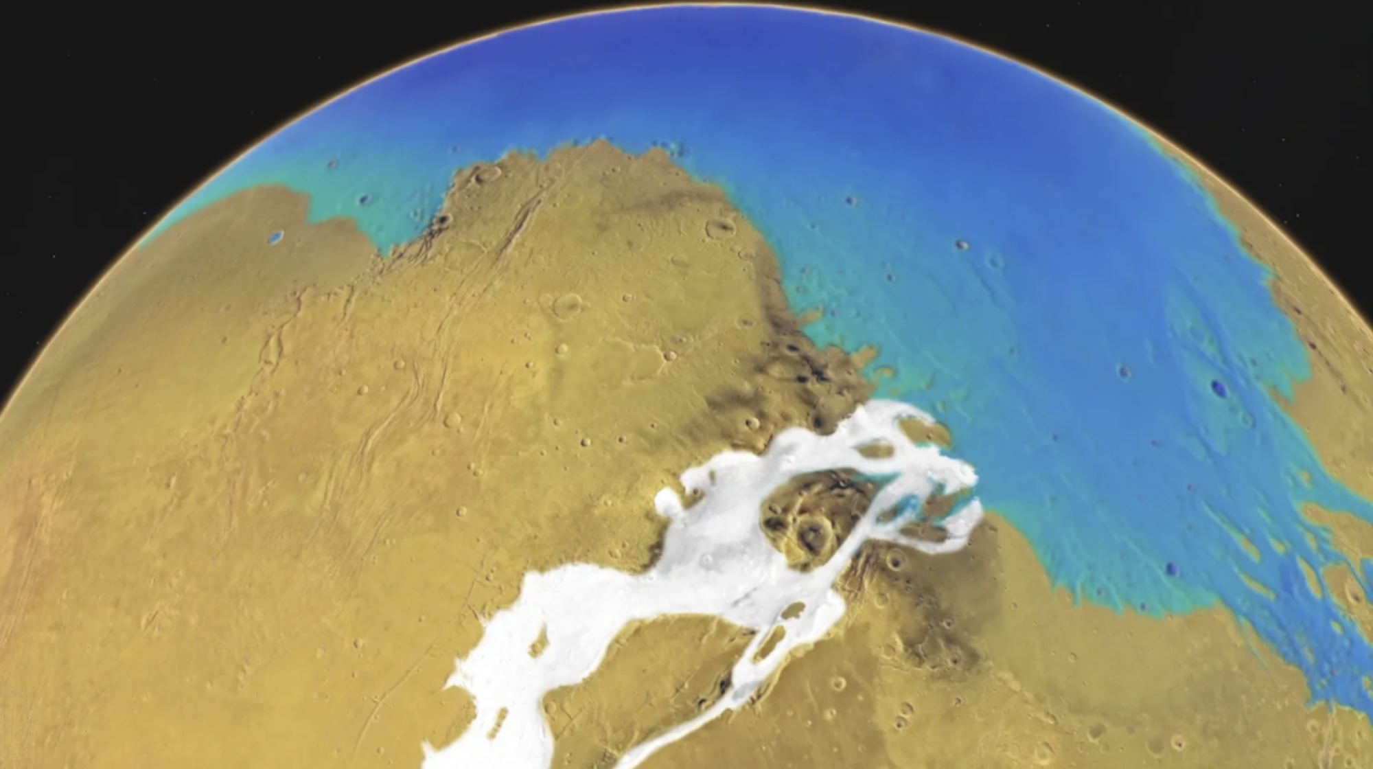 A conceptual depiction of the expansive Kasei Valles region on Mars some 3 billion years ago.