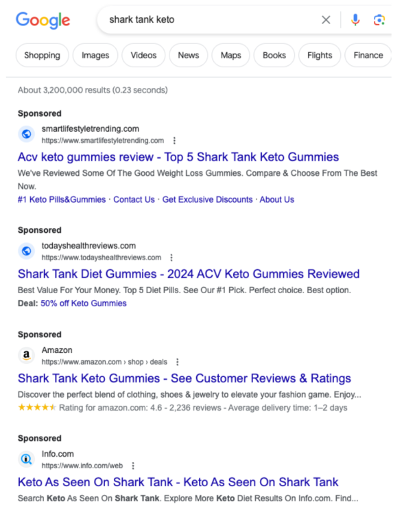Shark Tank keto gummy search ads