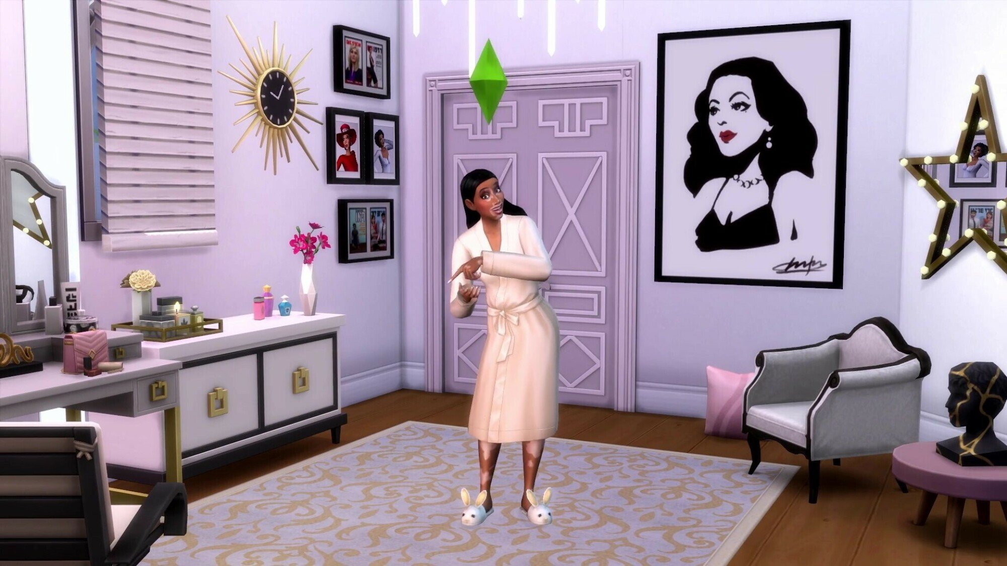 A Sim of Winnie Harlow standing inside her dream house.