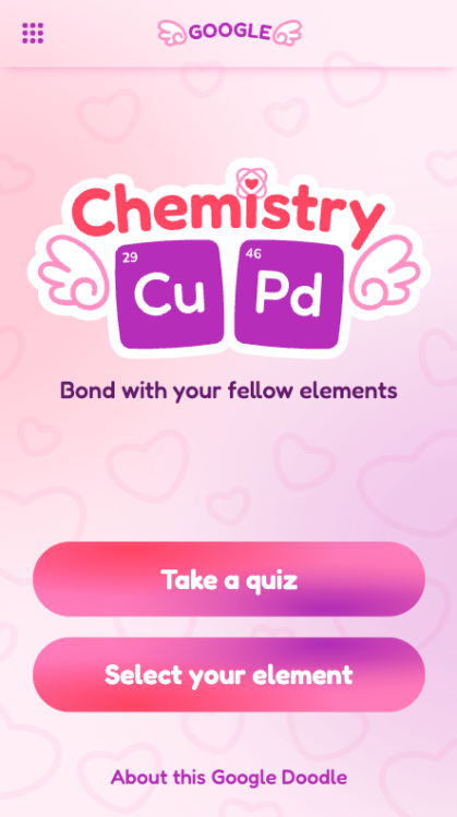 chemistry cupd google doodle quiz with buttons to take a quiz or select your element