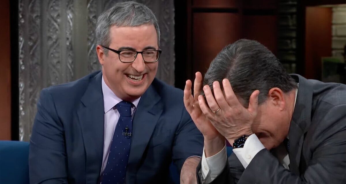 John Oliver gleefully toying with a tired Stephen Colbert is peak late night