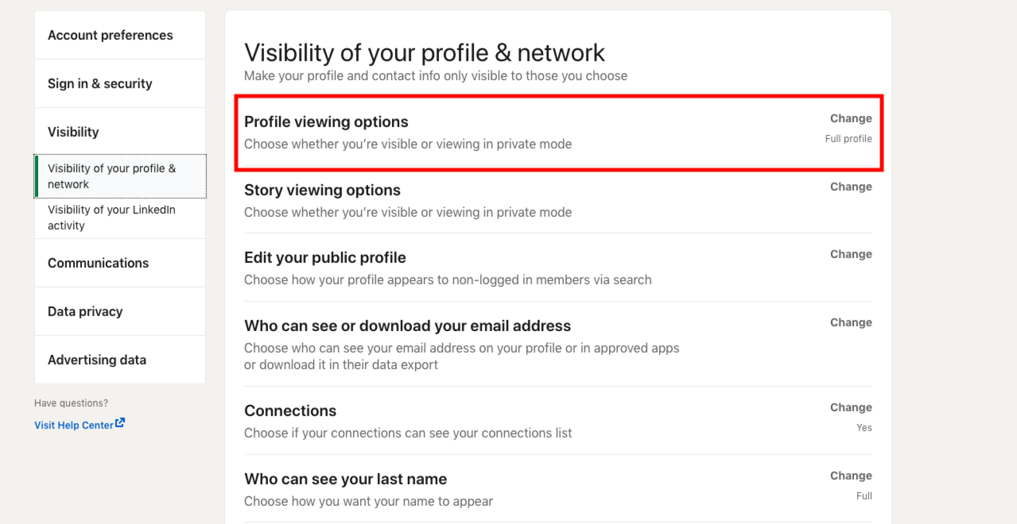 Screenshot of the LinkedIn "Visibility of your profile & network" menu with "Profile viewing options" highlighted.