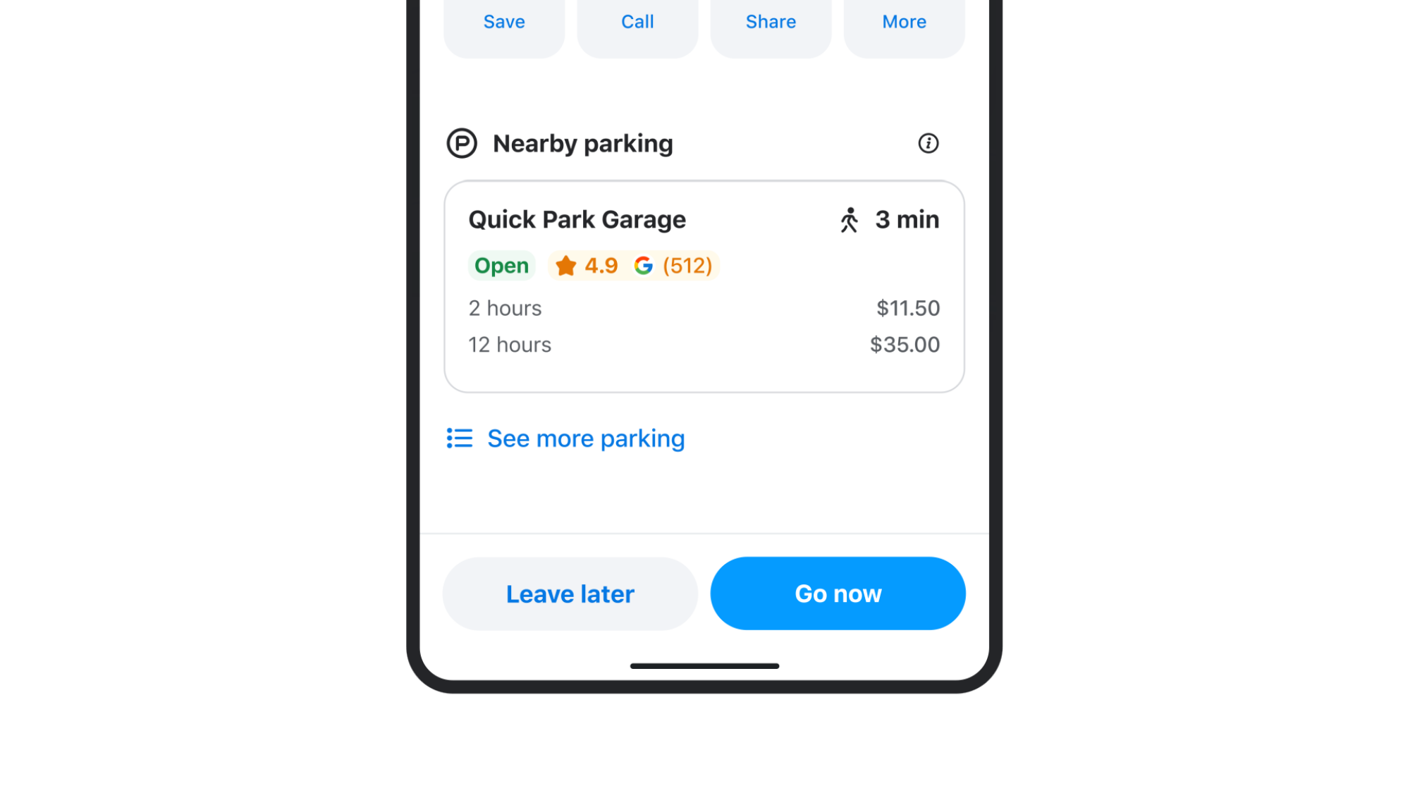 A navigation mockup telling the user parking information for a parking garage