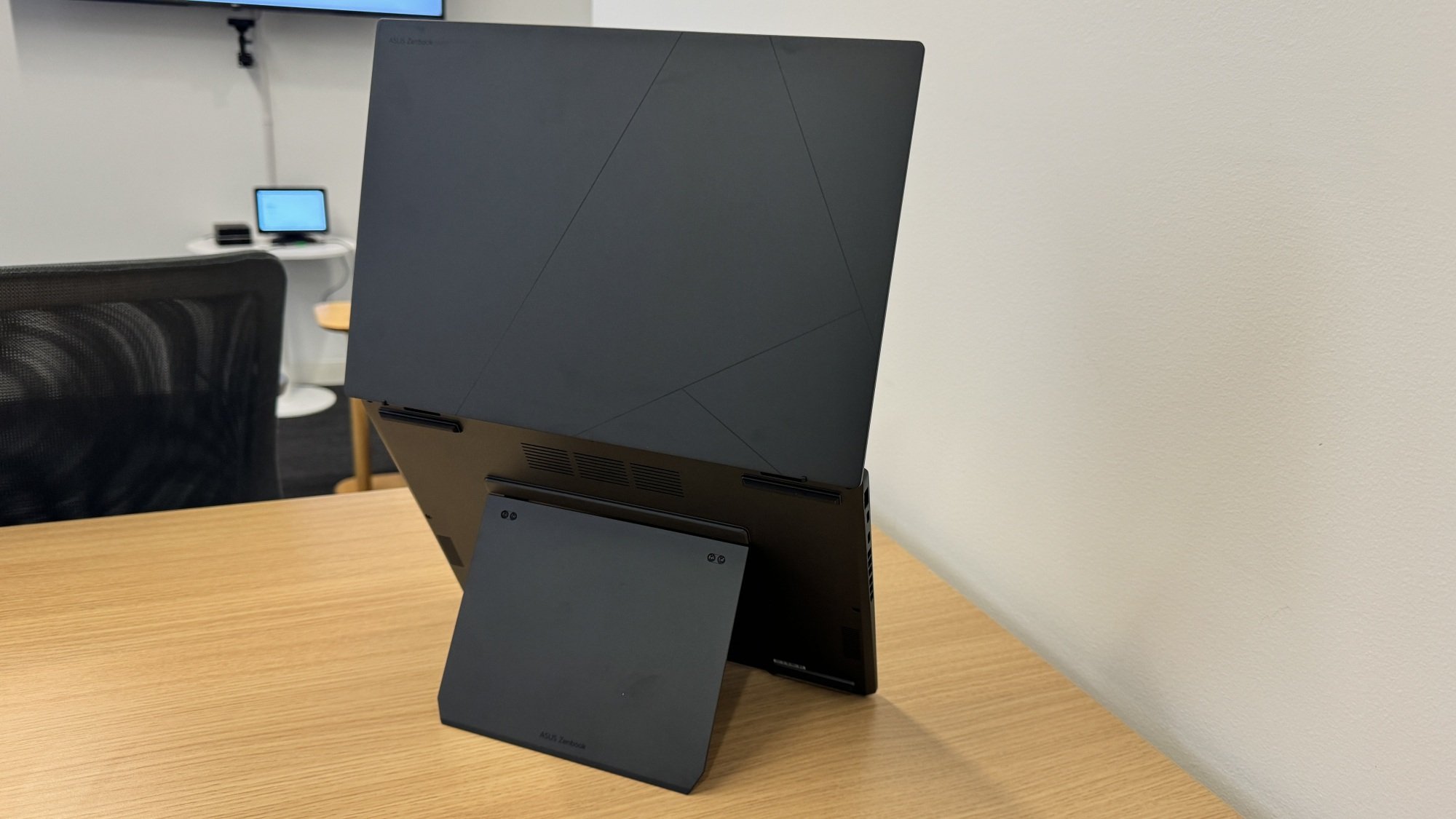 Asus Zenbook Duo's kickstand while propped up on a table