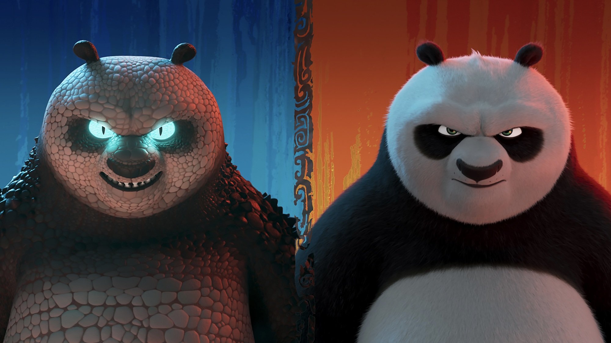 A scaly panda with glowing blue eyes against a blue background, and a normal panda against a red background.
